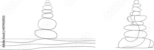 Peace of mind, harmony and good mental health editable stroke in a continuous line drawing of pebbles and circles in sand. Modern illustration.