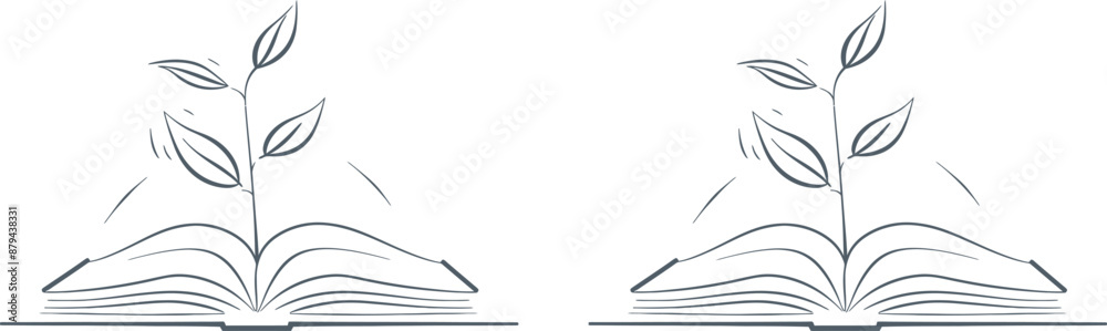 In this drawing, a book is open with a sprout plant growing inside. The concept of education is expressed in a simple linear style. Growing wisdom is portrayed in editable strokes. This modern In this drawing, a book is open with a sprout plant growing inside. The concept of education is expressed in a simple linear style. Growing wisdom is portrayed in editable strokes. This modern