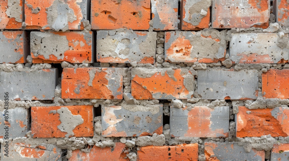 Gray and red bricks with traces of mortar post building wall demolition Background