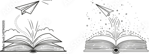 Drawing of an open book and flying paper plane. One line drawing for business, education. One line drawing of content for school, instructing. Modern illustration on white background. Hand drawn