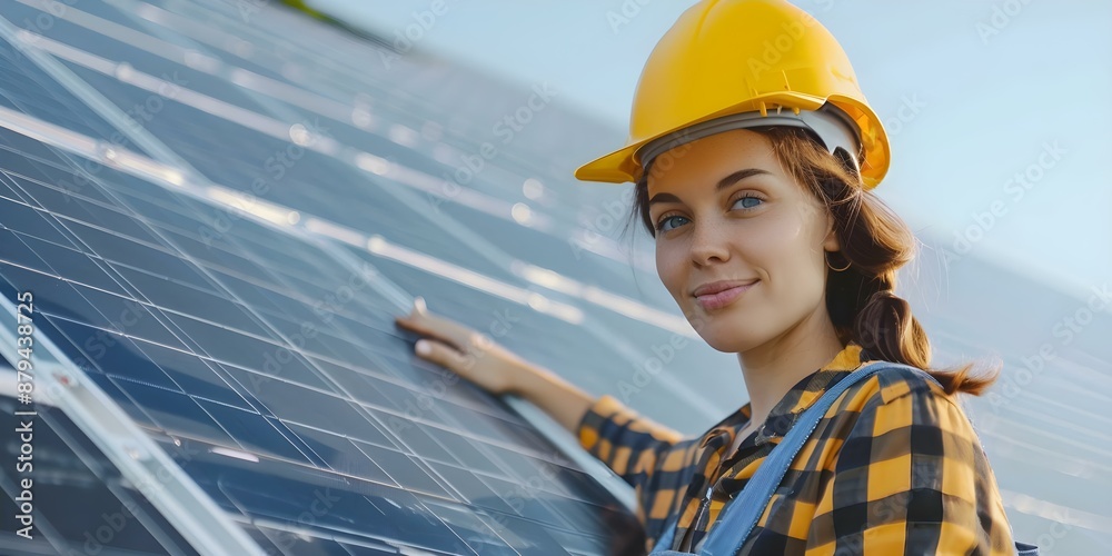 Confident female construction worker inspects solar panel symbolizing sustainable energy. Concept Green Energy, Female Empowerment, Sustainable Development, Solar Technology, Construction Industry Confident female construction worker inspects solar panel symbolizing sustainable energy. Concept Green Energy, Female Empowerment, Sustainable Development, Solar Technology, Construction Industry