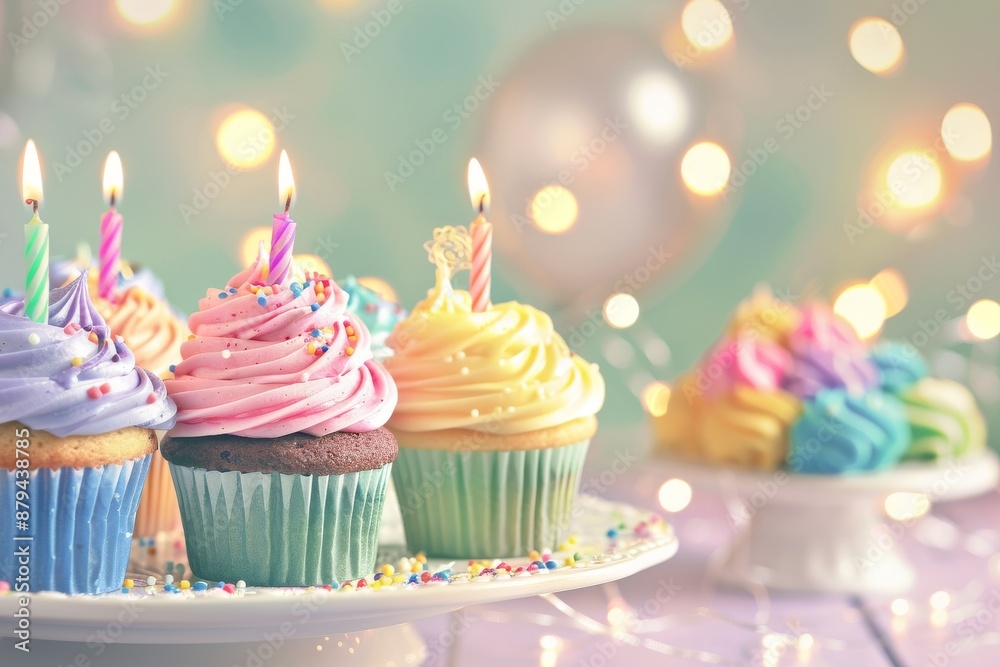 A close-up of cupcakes with vibrant pink and blue frosting and lit candles amidst sprinkles. Beautiful simple AI generated image in 4K, unique. A close-up of cupcakes with vibrant pink and blue frosting and lit candles amidst sprinkles. Beautiful simple AI generated image in 4K, unique.