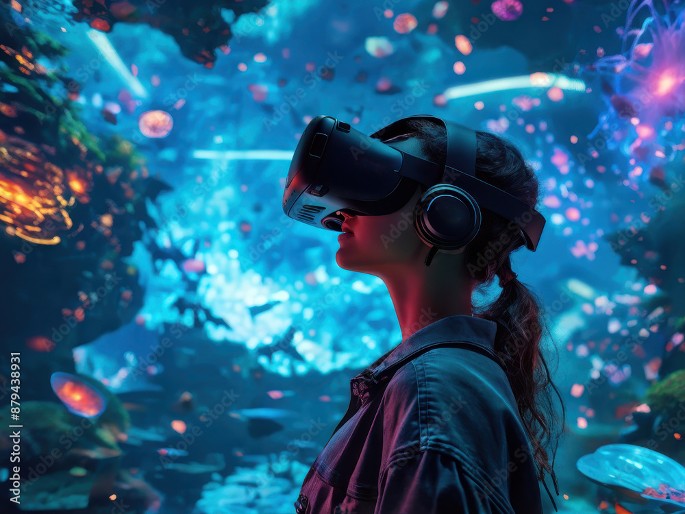 Digital Dreamscape: A player, engulfed by VR, explores a vibrant virtual world with electrifying intensity. generative AI Digital Dreamscape: A player, engulfed by VR, explores a vibrant virtual world with electrifying intensity. generative AI