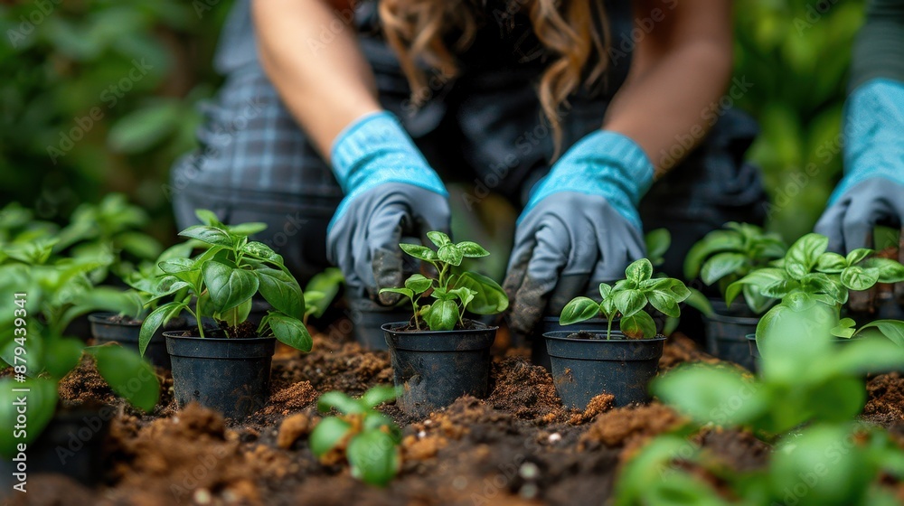 Fototapeta premium A close-up of hands planting small basil seedlings into soil in a garden bed, signifying nurturing, growth, and the beginning of a new life in a lively garden setting.