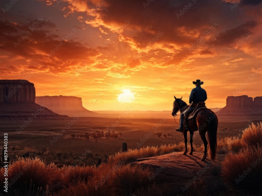Wrangler's Rhapsody: A lone cowboy against a breathtaking Wild West sunset. generative AI Wrangler's Rhapsody: A lone cowboy against a breathtaking Wild West sunset. generative AI