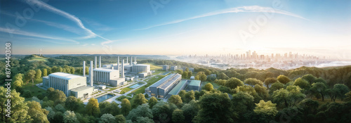 Eco factory in friendly Green Industrial complex use clean energy  zero emission on green Landscape near big city, economy background concept