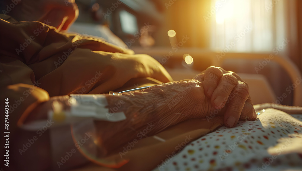 Obraz premium A close-up of a patient's hand with an IV drip in a hospital bed, bathed in warm sunlight, symbolizing hope and healing.