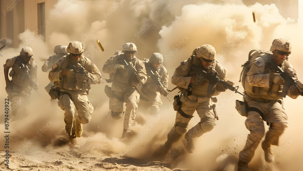 A group of soldiers running through a dusty battlefield with determination and focus, showcasing bravery and teamwork. A group of soldiers running through a dusty battlefield with determination and focus, showcasing bravery and teamwork.