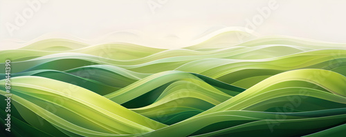 Abstract green waves forming a serene landscape with smooth, flowing lines and gradient tones. Perfect for backgrounds or calming artwork. photo