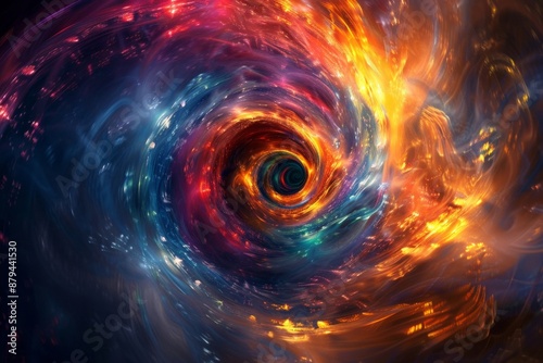 A swirling vortex of vibrant colors, creating a sense of motion and depth, with a glowing core in the center emitting bright light. 