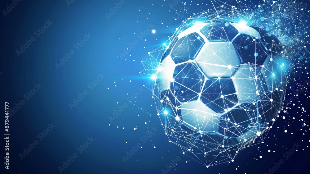 Fototapeta premium A luminous soccer ball constructed with digital lines, set against a blue background with sparkling particles, showcasing the fusion of physical and digital realms elegantly.