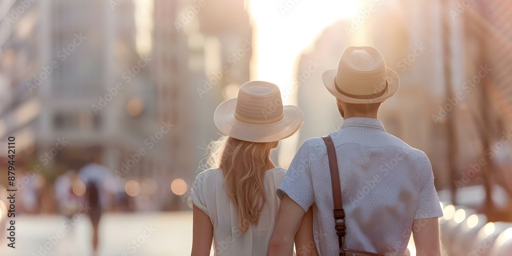Obraz premium Young couple from the millennial generation explores a city during their vacation. Concept Millennial Travel, City Exploration, Young Couple, Urban Adventure, Vacation Moments