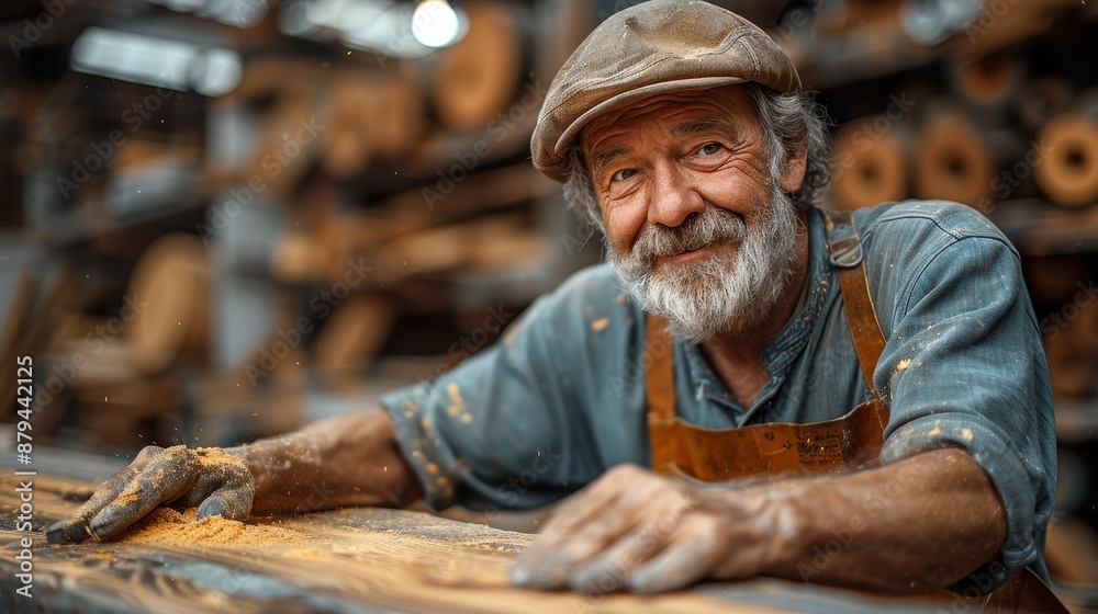 An elderly man with a gray beard and cap is seen smoothing a piece of wood in a carpentry workshop, with shelves of wooden tools in the background. An elderly man with a gray beard and cap is seen smoothing a piece of wood in a carpentry workshop, with shelves of wooden tools in the background.