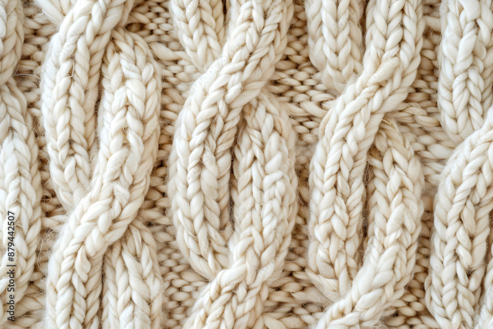 Close-up of soft, white, hand-knitted wool texture with intricate cable patterns. Ideal for textile, fashion, and crafting projects. Close-up of soft, white, hand-knitted wool texture with intricate cable patterns. Ideal for textile, fashion, and crafting projects.