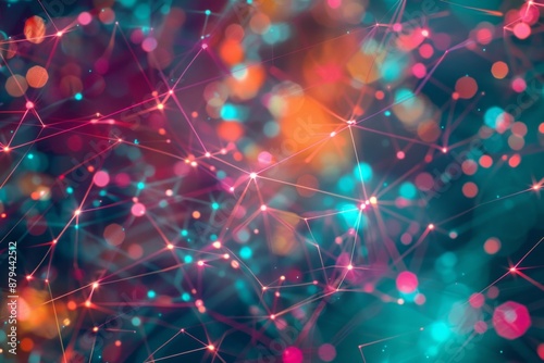 A visually intricate representation of an artificial neural network, with glowing nodes and connecting lines forming a web of vibrant colors like teal, magenta, and orange. 