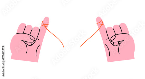 Hand drawn cute cartoon illustration two hands with broken red thread. Flat doodle vector rope tied on little finger. Relationship problem icon. Divorce, quarrel, breaking up print. Isolated.