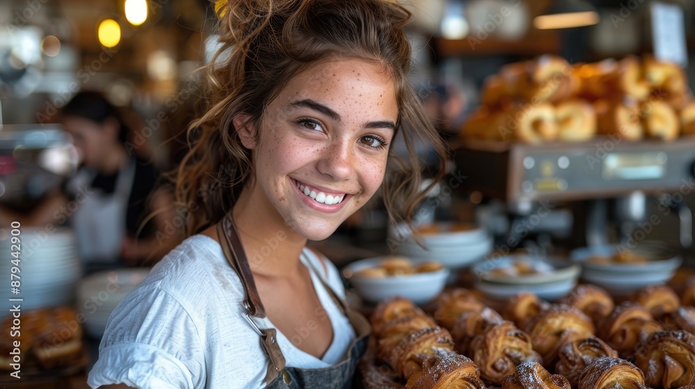 A young girl with curly hair and freckles, bright-eyed, smiling warmly in a pastry shop, with trays of fresh pastries and a cheerful atmosphere.