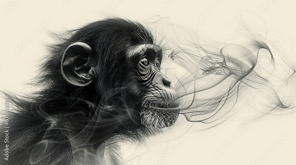 Naklejka premium A photo of a monkey with smoke from a cigarette emanating from its mouth, rendered in black and white