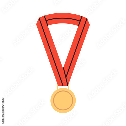 Gold medal and red ribbon, school award medal, competition or contest winner, gold medal badge, award for winner, metal symbol of success, championship triumph on background flat vector illustration.