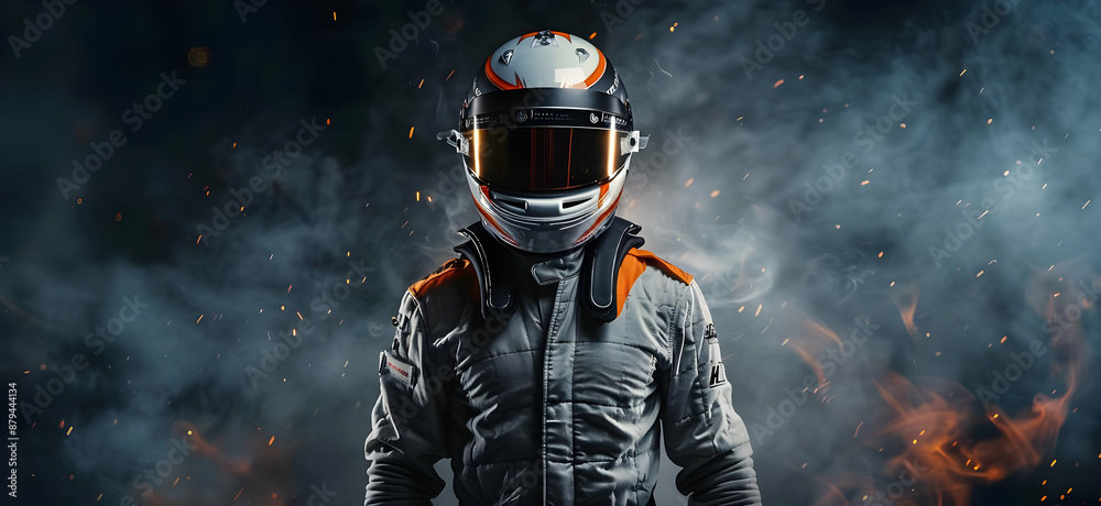 Futuristic race car driver in advanced gear standing confidently with a smoky background, capturing the essence of high-speed motorsport. Futuristic race car driver in advanced gear standing confidently with a smoky background, capturing the essence of high-speed motorsport.