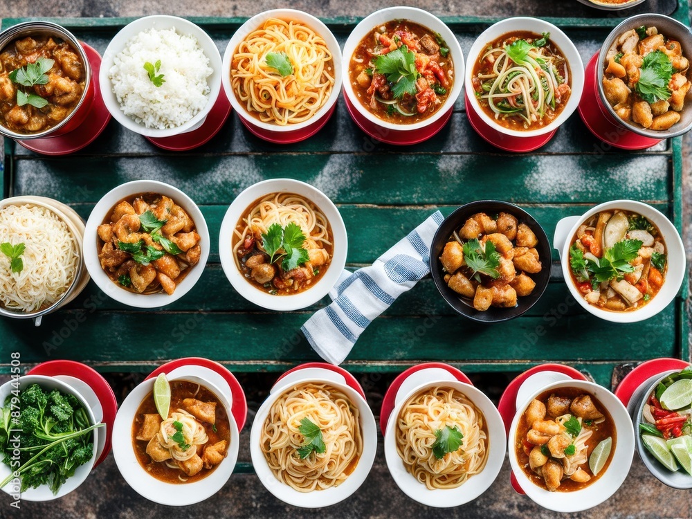 Culinary Kaleidoscope: A top view of a Thai street food market - a feast for the eyes and taste buds. generative AI Culinary Kaleidoscope: A top view of a Thai street food market - a feast for the eyes and taste buds. generative AI
