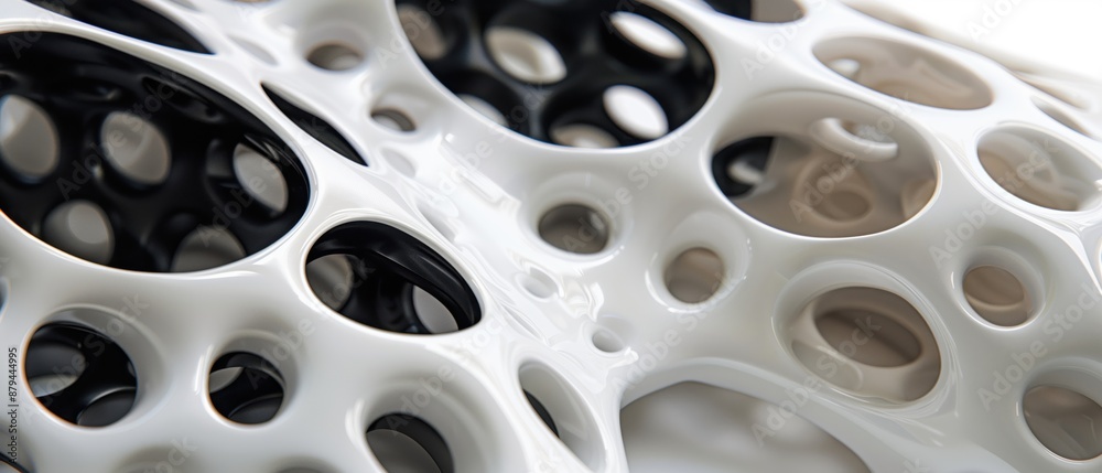 Close-up view of intricate black and white 3D printed structure with circular and organic patterns for technology and art concepts. Close-up view of intricate black and white 3D printed structure with circular and organic patterns for technology and art concepts.