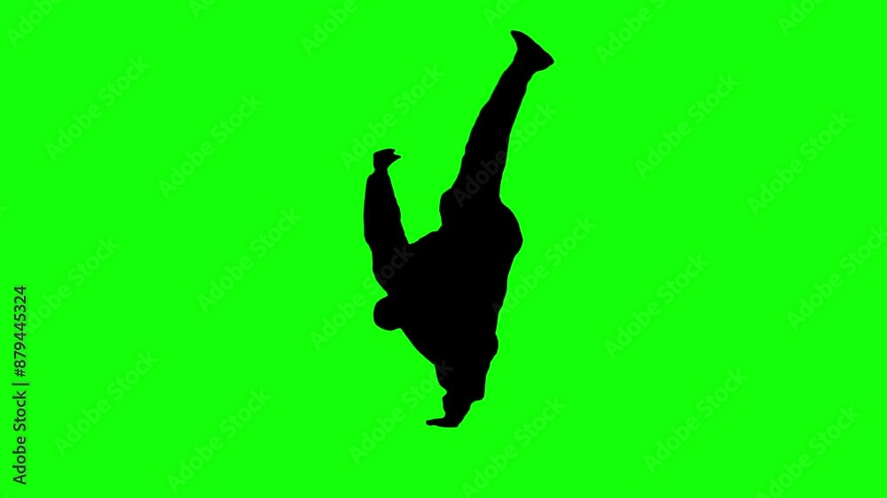 Black silhouette of B boy dancing break dance on green background. Green screen for compositing and presentation.