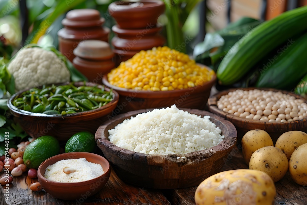 Fresh Vegetables and Grains Displayed in Rustic Wooden Bowls Fresh Vegetables and Grains Displayed in Rustic Wooden Bowls