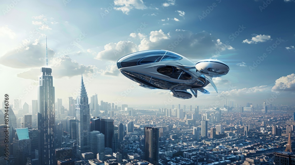 A futuristic flying car concept hovering above a cityscape, illustrating the next frontier in transportation technology