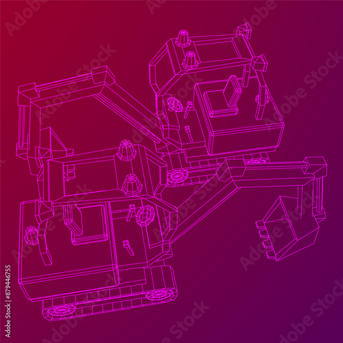 Heavy equipment excavator machine manufacturing power equipment for open pit mining. Wireframe low poly mesh vector illustration