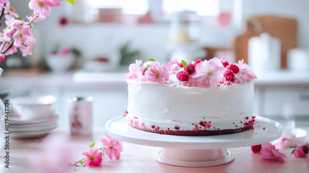 A beautiful spring cake decorated with fresh flowers and berries on a blurred kitchen background. Perfect for elegant celebrations and special occasions A beautiful spring cake decorated with fresh flowers and berries on a blurred kitchen background. Perfect for elegant celebrations and special occasions