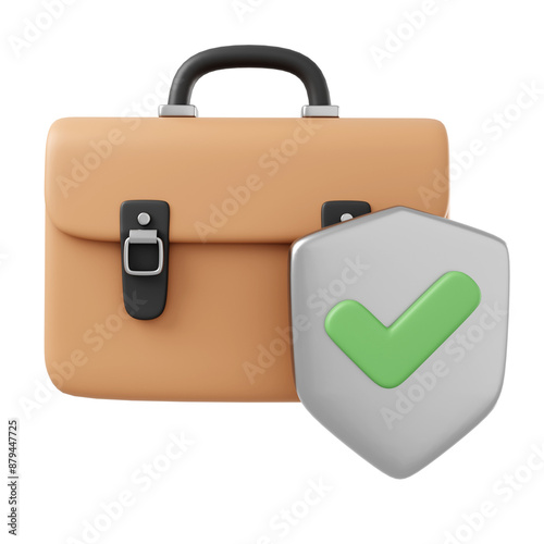 Protection and preservation of documents in an organization, 3D illustration. Icon of a briefcase and protective shield.