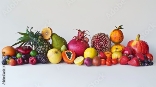 A variety of vibrant tropical fruits, their vibrant colors and textures contrasting beautifully against a pure white background.