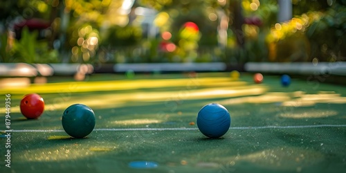 Bocce ball aiming to hit other balls and pallino in background. Concept Bocce Ball Game, Aiming Techniques, Hitting Strategy, Pallino Position, Competitive Play
