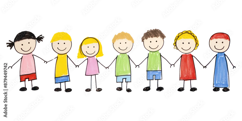 Fototapeta premium PNG Six children holding hand drawing cartoon line.