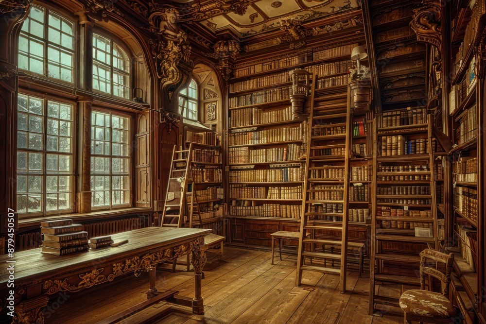 Fototapeta premium Vintage library interior, old bookshelf with books, antique shelf, bookcase, old university