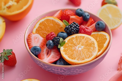 Fresh and Vibrant Mixed Fruit Bowl on a Pink Background