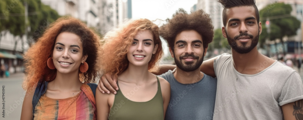Obraz premium A group of happy young diverse friends posing on the street. 