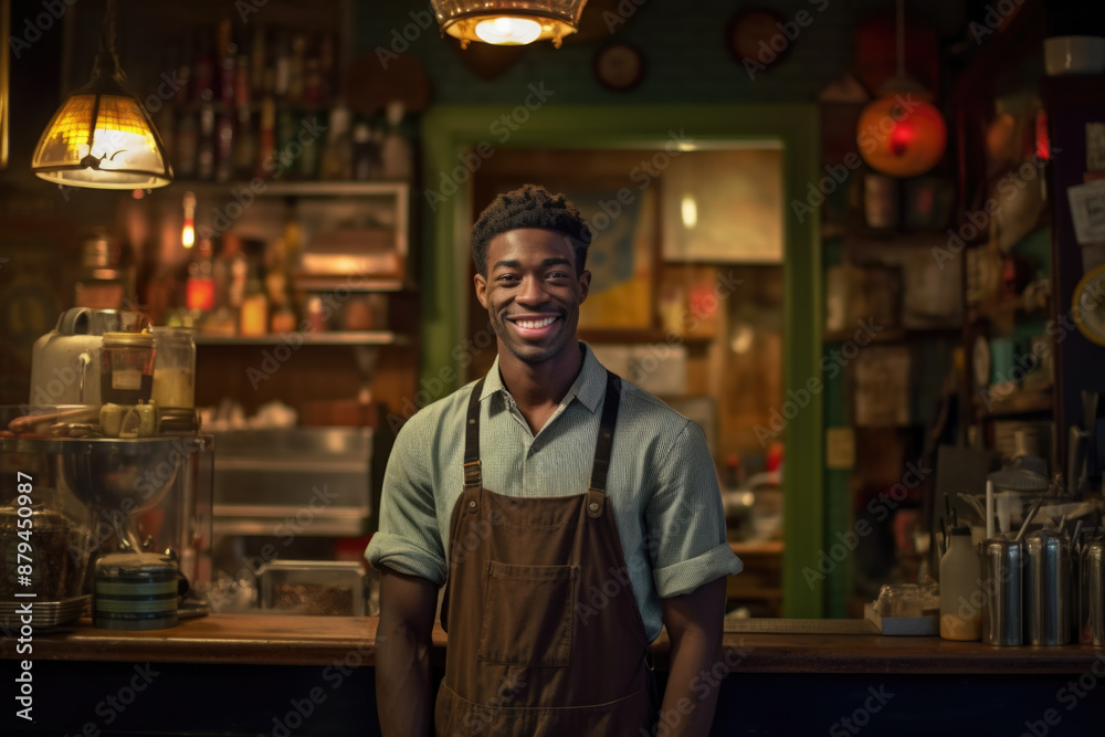 Fototapeta premium Young man standing in front of the counter in his shop. 