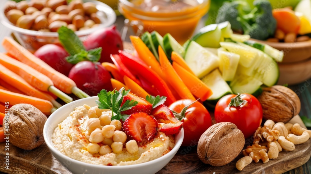 Nutritious Snacks of healthy snacks, including hummus with veggie sticks, nuts, and fresh fruit Nutritious Snacks of healthy snacks, including hummus with veggie sticks, nuts, and fresh fruit