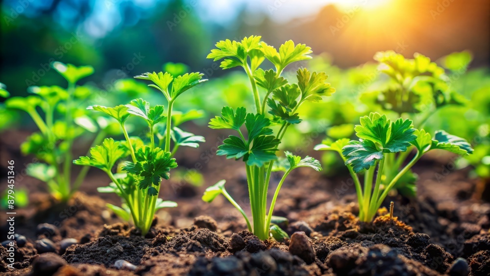 Vibrant green parsley and mint sprouts emerge from rich, fertile soil, bathed in warm sunlight on a serene gardening day. Vibrant green parsley and mint sprouts emerge from rich, fertile soil, bathed in warm sunlight on a serene gardening day.