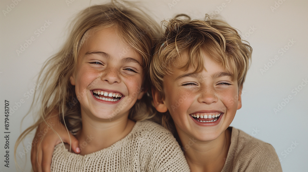 A telephoto angle photo of two siblings laughing together, one with an arm around the other's shoulder, showing their close bond against a plain background, with copy space A telephoto angle photo of two siblings laughing together, one with an arm around the other's shoulder, showing their close bond against a plain background, with copy space
