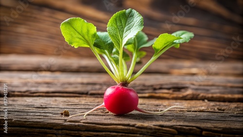 Small red radish with green leaves on a wooden table photo