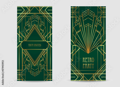 Art Deco vintage gold patterns over dark green, frames and design elements. Retro party geometric background set 1920s style. Vector illustration for glamour party, thematic wedding or textile prints.