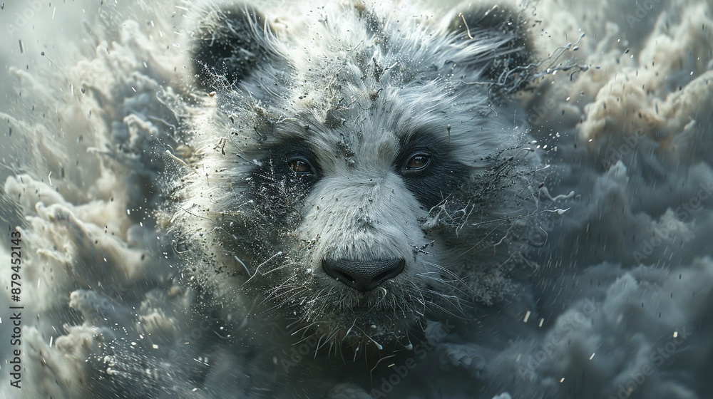 A tight close-up shot of a polar bear's face surrounded by heavy snowfall A tight close-up shot of a polar bear's face surrounded by heavy snowfall