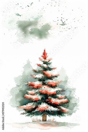  A beautifully decorated Christmas tree with red ornaments, illustrated in a festive watercolor style
