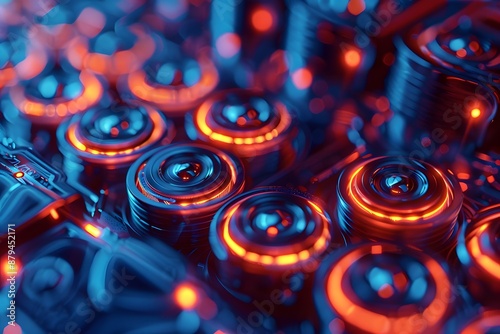 Close-Up of Futuristic Circuit Board with Glowing Components