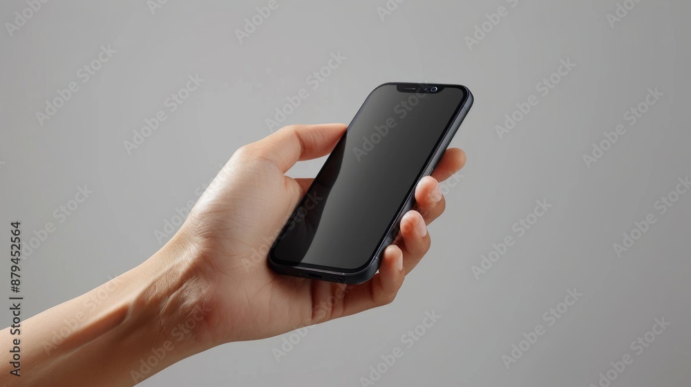 Hand Holding a Modern Smartphone Against a Grey Background Hand Holding a Modern Smartphone Against a Grey Background