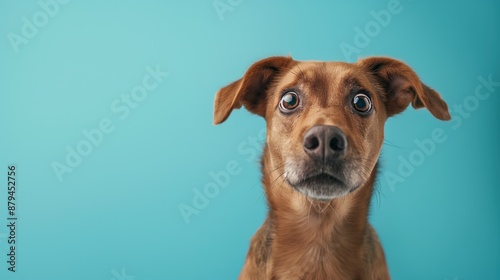 dog with surprised shock expression eyes on isolated blue background with copy space photo