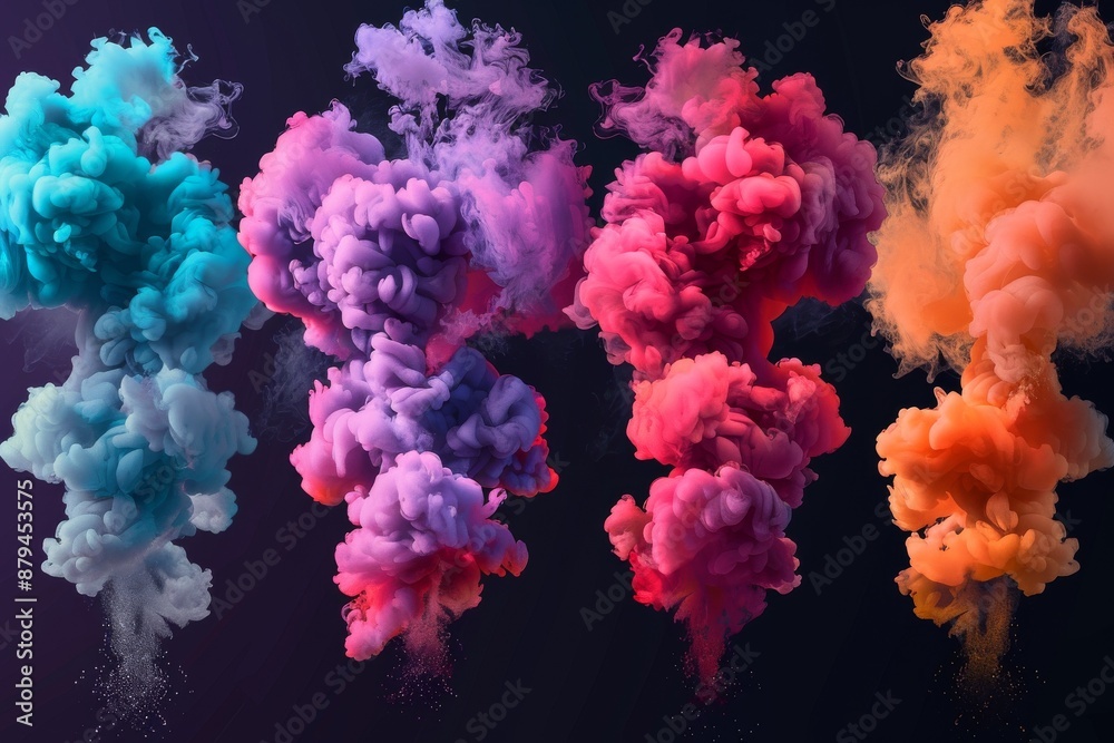 From the middle of the bluish-pink smoke, white clouds erupt, fly up and mix with the total mass.. Beautiful simple AI generated image in 4K, unique.